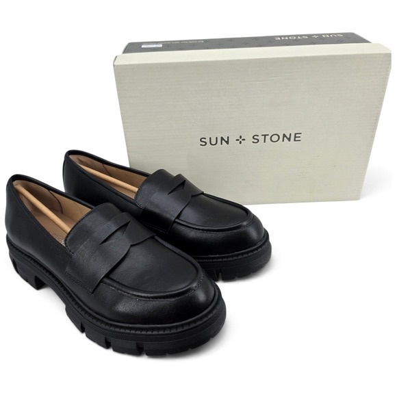 Sun + Stone Shoes - Sun + Stone Lanaa Lug Sole Penny Loafers Black Leather Flats Womens 8 New